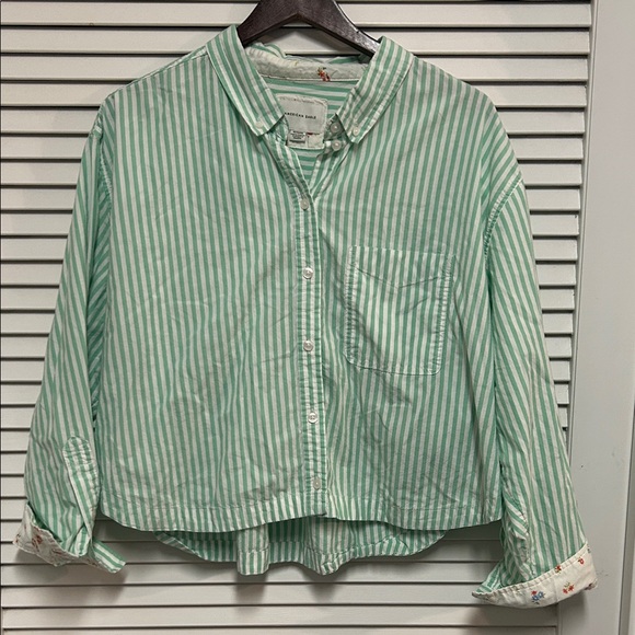 American Eagle Outfitters Mint Striped Cropped boxy shirt - Picture 1 of 4